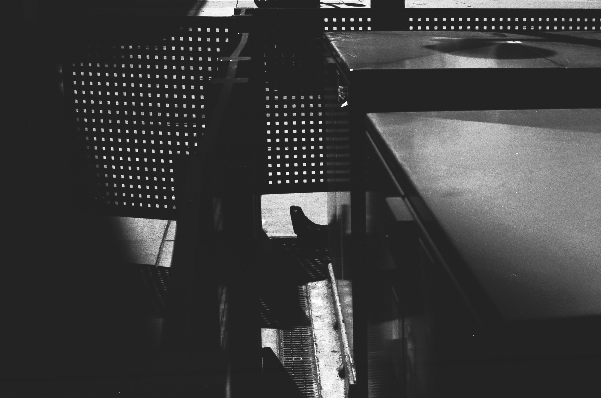 A dark interior street scene in Denver — a figure silhouetted against perforated metal panels, hard shadow, analog black and white 35mm film