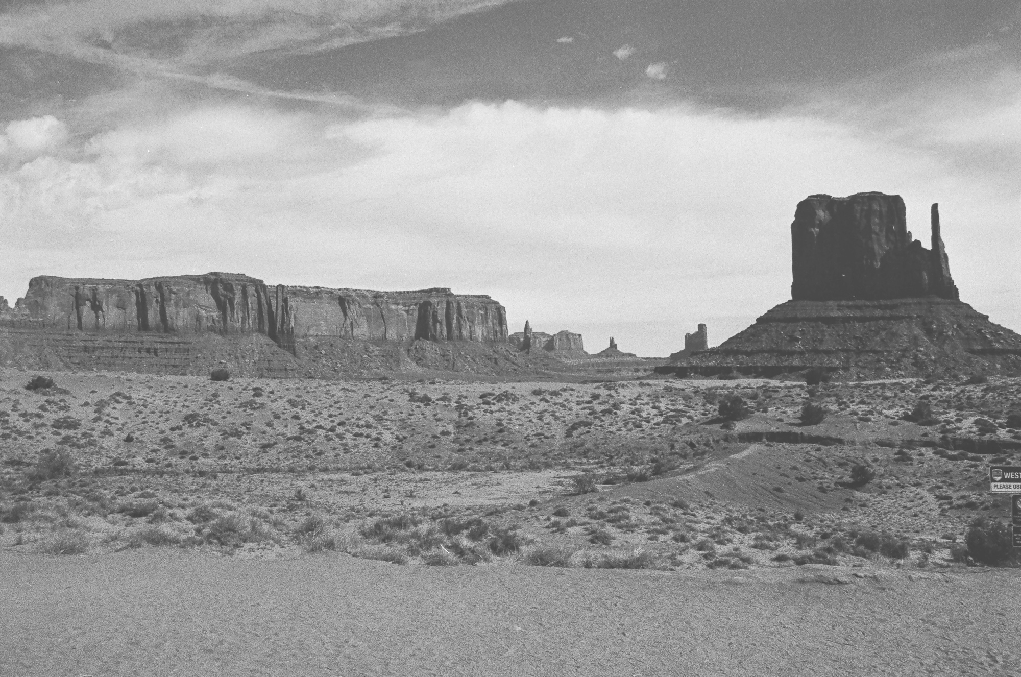 Monument Valley Mittens and formations on 35mm film, analog black and white