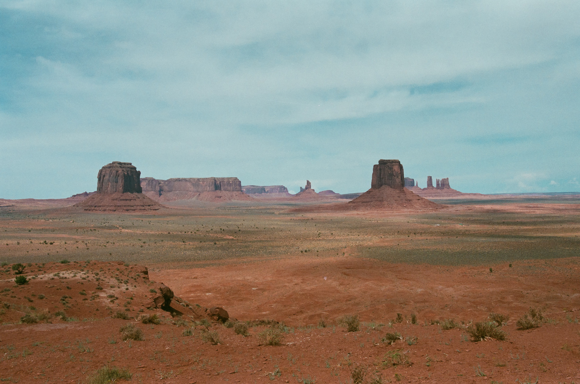 Monument Valley buttes on 35mm film, analog black and white