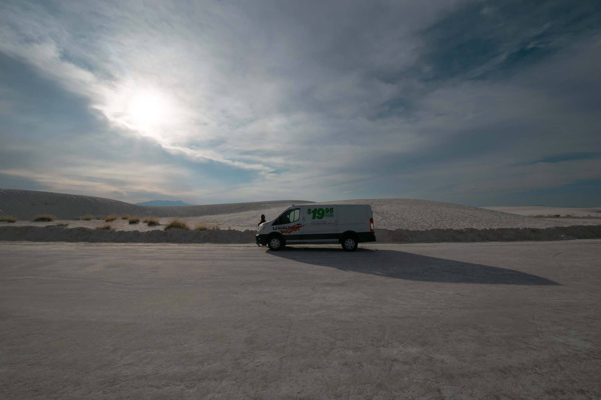 U-Haul van parked on the gypsum flat at White Sands