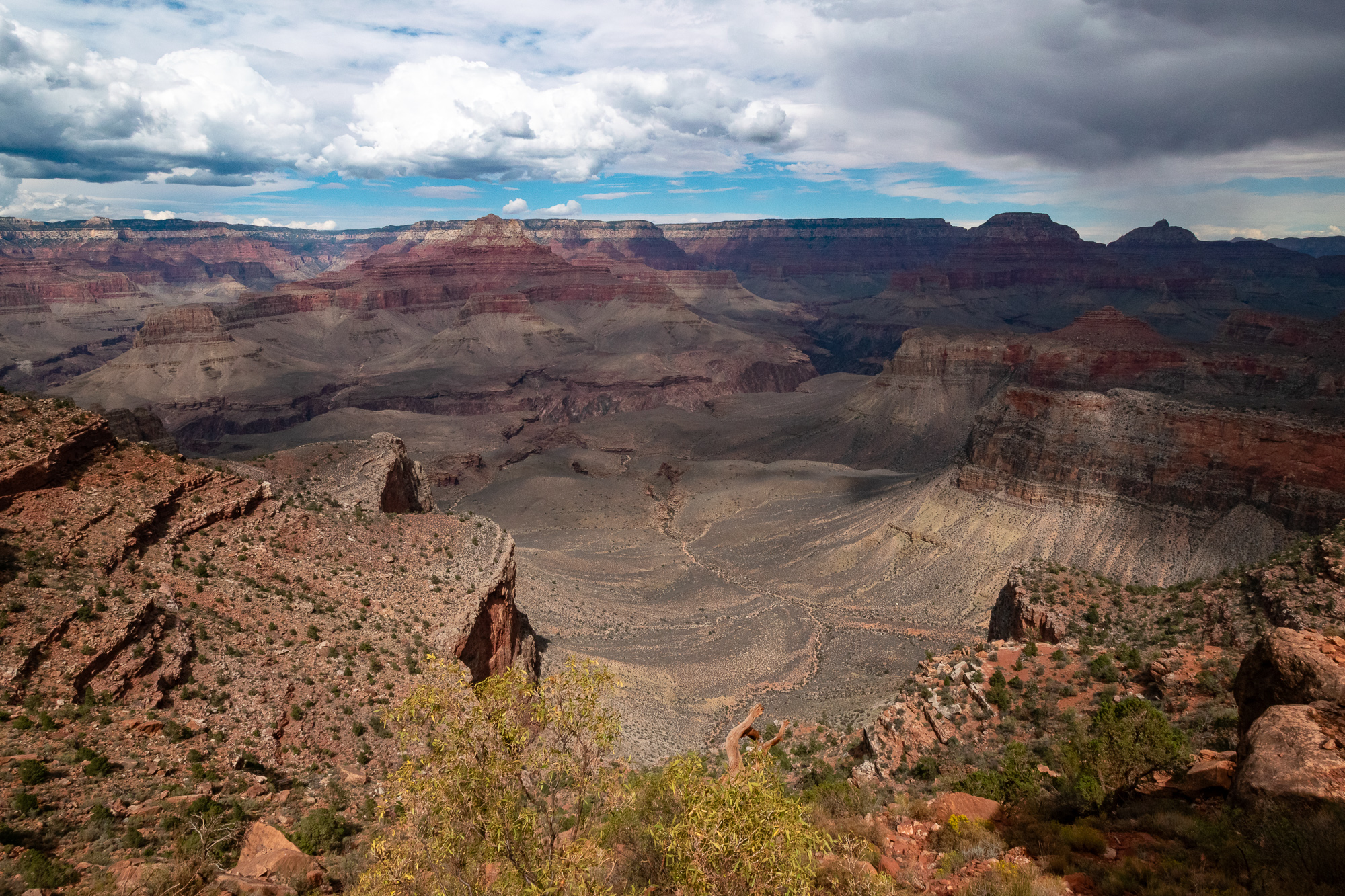 A wide view into the Grand Canyon from a rim ledge, with layered red and gray rock terraces, flat-topped buttes and a broad fan of pale gray scree filling the middle distance. Heavy cumulus clouds break over patches of blue sky above the far canyon wall, and scrubby green brush and a bleached branch sit in the foreground.