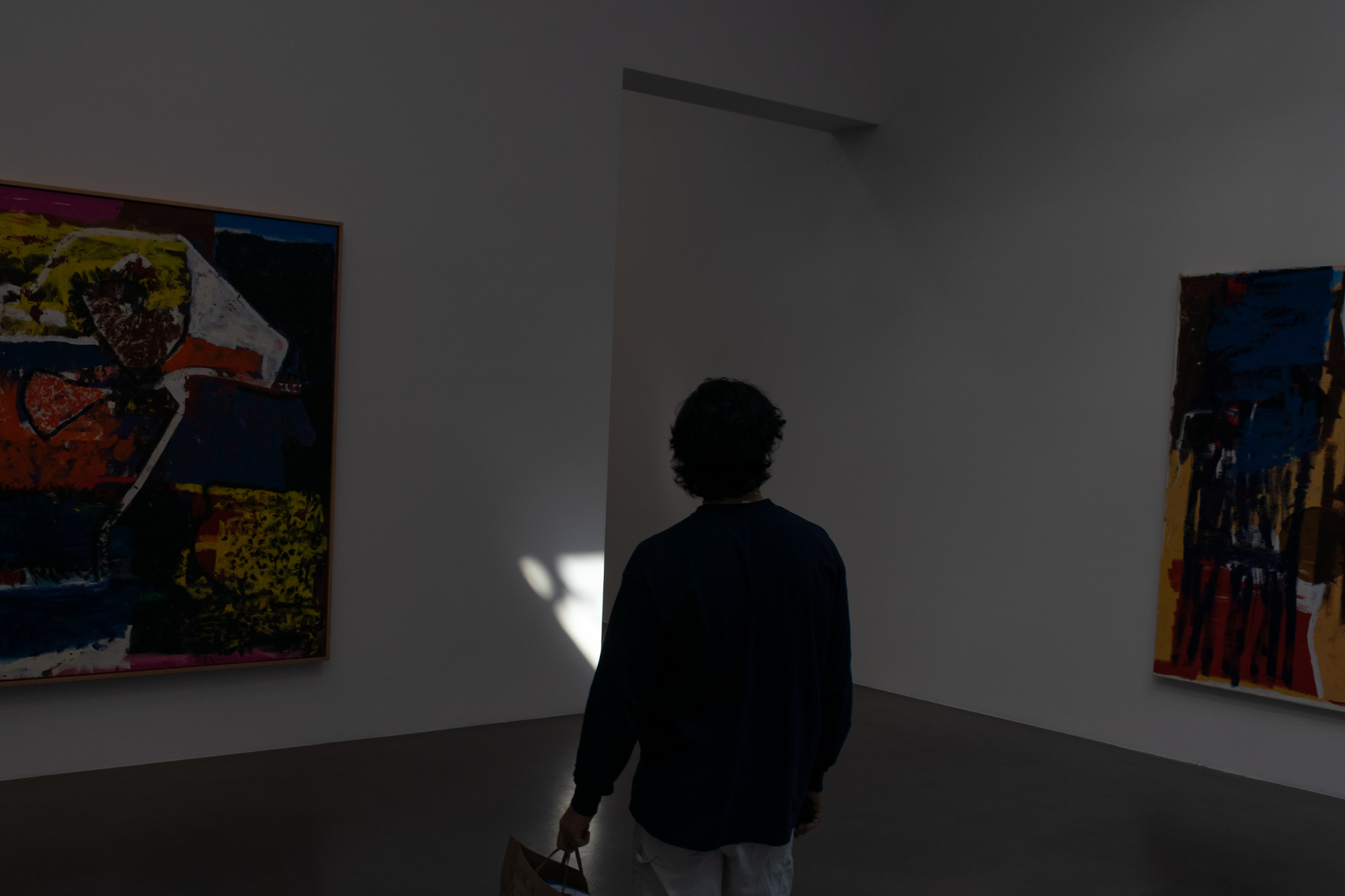 A person in a dark sweater stands in shadow with their back to the camera in a white-walled gallery, holding a paper shopping bag. Two large abstract paintings in blue, yellow, red and orange hang on either side, while a wedge of daylight falls across the wall behind them.