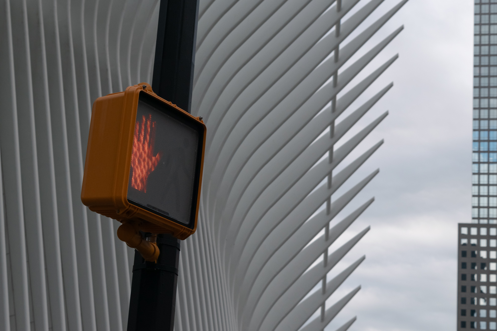 A yellow pedestrian crossing signal mounted on a black pole displays a glowing red hand, set against the curved white steel ribs of the Oculus transit hub, with a glass office tower visible at the right edge under overcast sky.